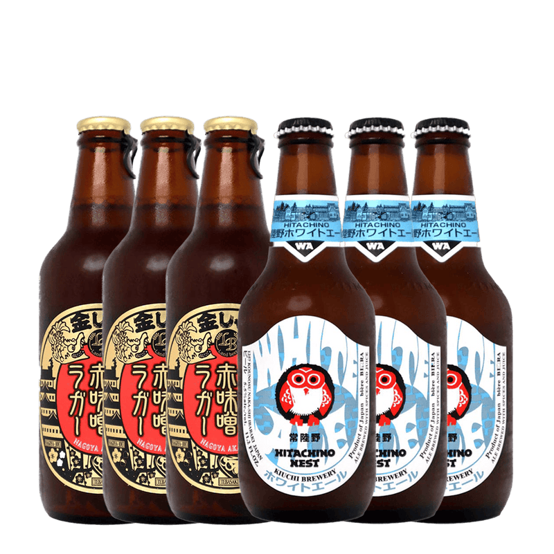 x3 Kinshachi Akamiso Lager 330ml and x3 Hitachino Nest White Ale